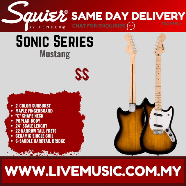 Squier Sonic Mustang Electric Guitar w/White Pickguard, Maple FB, 2-Color Sunburst