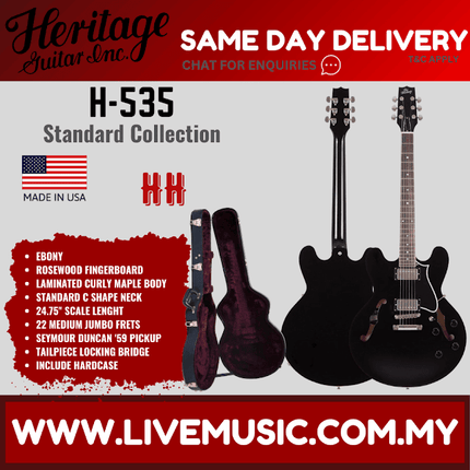 Heritage Standard H-535 Semi-Hollow Electric Guitar with Case, Ebony ( H535 / H 535 )