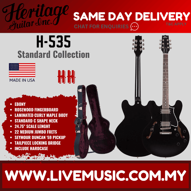 Heritage Standard H-535 Semi-Hollow Electric Guitar with Case, Ebony ( H535 / H 535 )