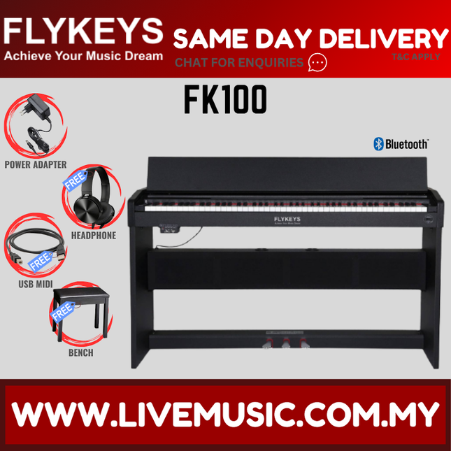 Black digital piano with 88 keys, front panel and built-in display