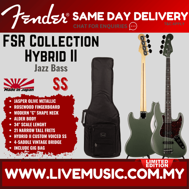 Fender Hybrid II Jazz bass guitar in Jasper Olive Metallic with gig bag