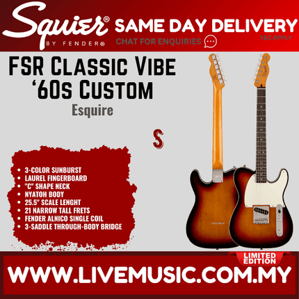 Squier FSR Classic Vibe 60s Custom Esquire Electric Guitar, Laurel FB, 3-Color Sunburst