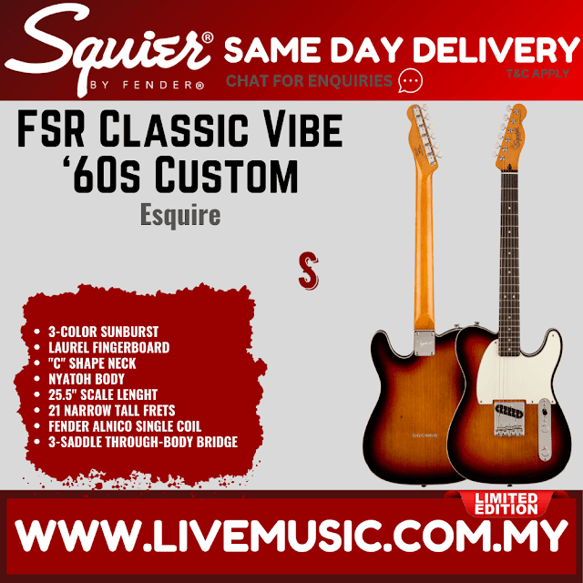 Squier FSR Classic Vibe 60s Custom Esquire Electric Guitar, Laurel FB, 3-Color Sunburst