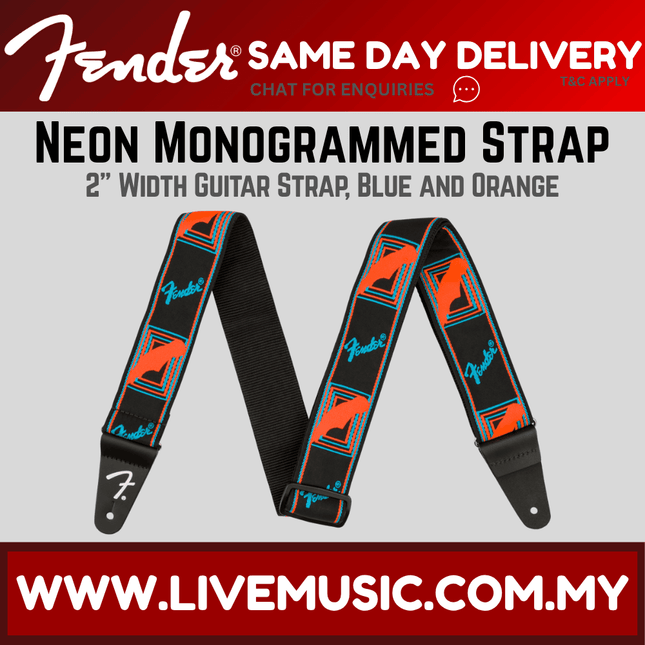 Neon monogram guitar strap with blue-and-orange geometric pattern and black ends