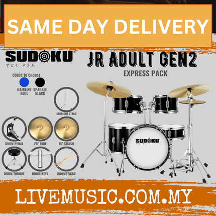 Sudoku Jr Adult Gen2 Junior Acoustic Drum Set Kit with Cymbals, Single Pedal & Accessories - Blue/Black (JRADULT)