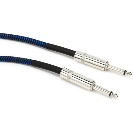 Blue braided instrument cable close-up with two silver 1/4-inch plugs