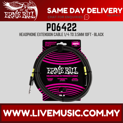 Ernie Ball EB6422 Headphone Extension Cable 1/4 to 3.5mm 10 Ft, Black