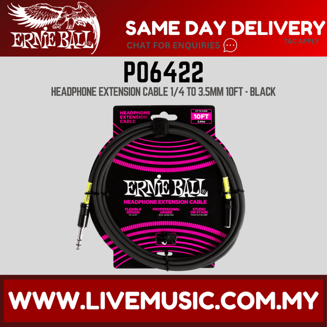 Ernie Ball EB6422 Headphone Extension Cable 1/4 to 3.5mm 10 Ft, Black