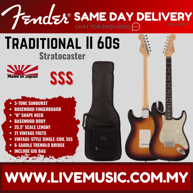Fender Japan Traditional II 60s Stratocaster Electric Guitar, RW FB, 3-Tone Sunburst