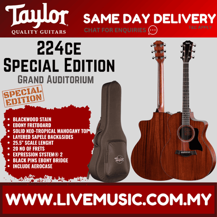 Taylor 224ce Special Edition Mahogany/Sapele Acoustic Guitar w/Bag, Blackwood Stain