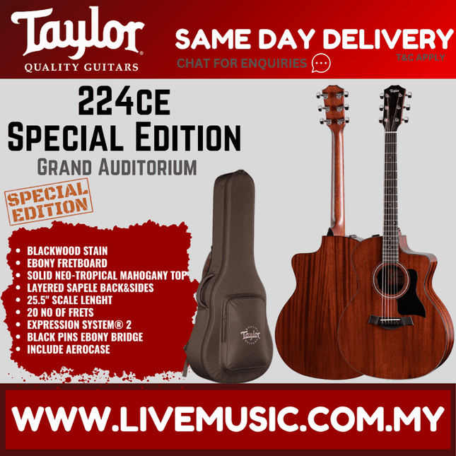 Taylor 224ce Special Edition Mahogany/Sapele Acoustic Guitar w/Bag, Blackwood Stain