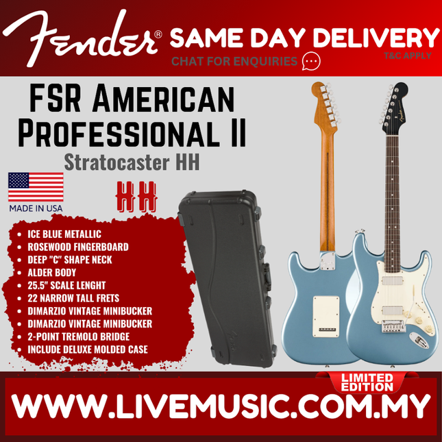 Fender FSR American Professional II Stratocaster HH Electric Guitar, RW FB, Ice Blue Metallic