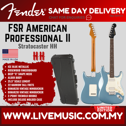 Fender FSR American Professional II Stratocaster HH Electric Guitar, RW FB, Ice Blue Metallic