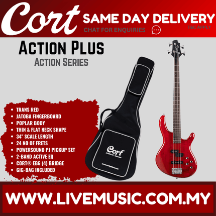 Trans red electric bass guitar with gig bag, black pickguard