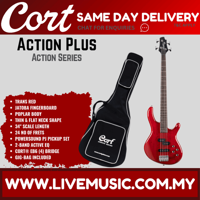 Cort Action Plus Electric Bass Guitar Jatoba Fretboard with Bag - Trans Red (ActionPlus/Action-Plus)