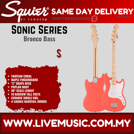 Squier Sonic Bronco Bass Guitar w/White Pickguard, Maple FB, Tahitian Coral