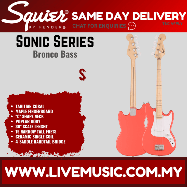 Squier Sonic Bronco Bass Guitar w/White Pickguard, Maple FB, Tahitian Coral