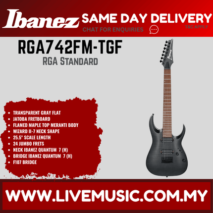 Ibanez RGA742FM-TGF 7-String Electric Guitar, Transparent Gray Flat ( RGA742FM TGF / RGA742FMTGF )