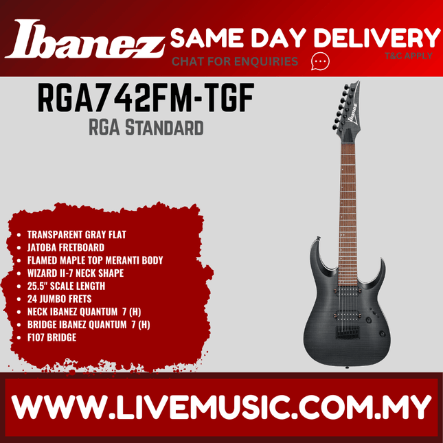 Ibanez RGA742FM-TGF 7-String Electric Guitar, Transparent Gray Flat ( RGA742FM TGF / RGA742FMTGF )