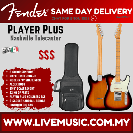 Fender Player Plus Nashville Telecaster Electric Guitar, Maple Fretboard - 3-Color Sunburst