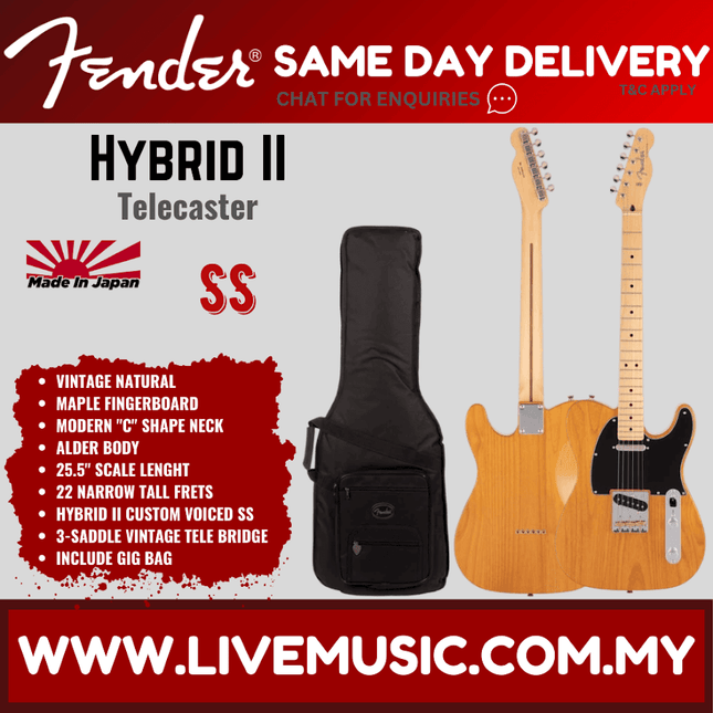 Fender Japan Hybrid II Telecaster Electric Guitar, Maple Fretboard with Gig Bag - Vintage Natural