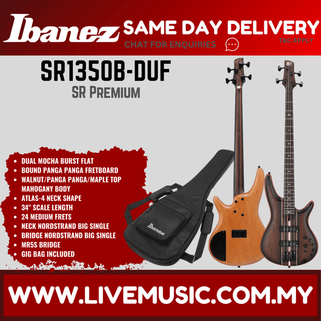 Ibanez Premium SR1350B-DUF Electric Bass Guitar w/Gig Bag, Dual Mocha Burst Flat ( SR1350B DUF / SR1350BDUF )