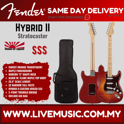 Fender Japan Hybrid II Stratocaster Electric Guitar, Maple FB, Flame Sunset Orange Transparent