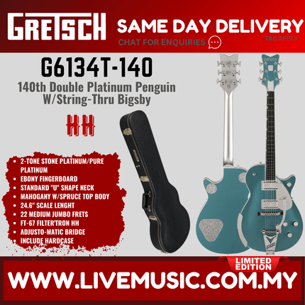 Two-tone stone and platinum Gretsch electric solidbody guitar with Bigsby tailpiece
