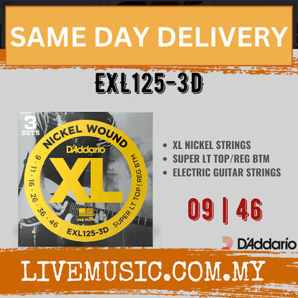 D'Addario EXL125-3D - 3 Pack Nickel Wound Electric Strings, Super Light Top/ Regular Bottom (9-46)(DAddario/EXL125)