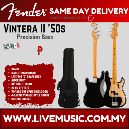 Fender Vintera II 50s Precision Bass Guitar, Maple FB, Black