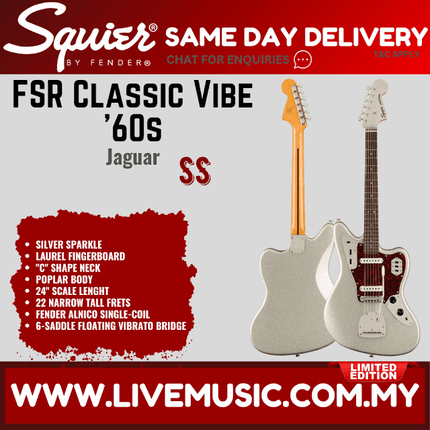 Squier FSR Classic Vibe 60s Jaguar Electric Guitar, Silver Sparkle