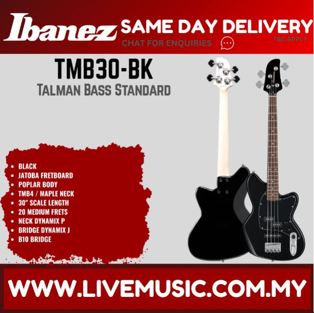 Ibanez TMB30 Talman Standard 4-String Electric Bass Guitar - Black (TMB30-IV TMB30-MGR TMB30-BK)