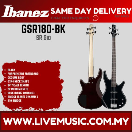 Ibanez Gio GSR180 4-String Bass Guitar,Purpleheart FB - ( GSR-180 / GSR 180 )-Black