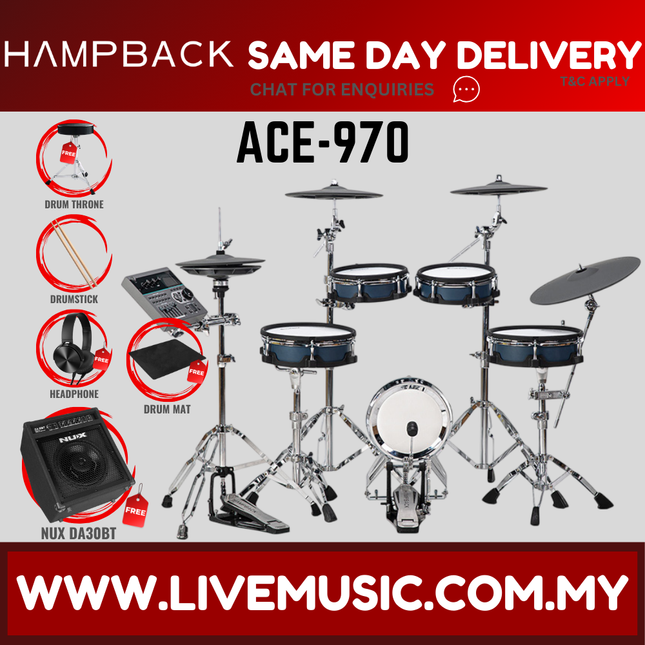 Hampback ACE-970 Full Mesh Digital Drum Set w/Headphone, Drumstick And Drum Throne - ( ACE970 ACE 970 )