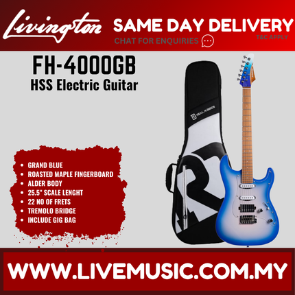 Grand blue HSS electric guitar with roasted maple fretboard, tremolo, black gig bag