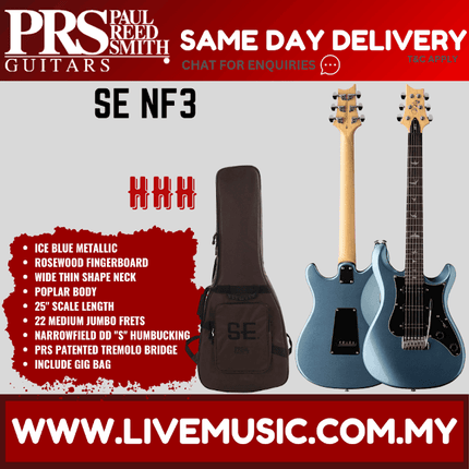 Electric guitar with gig bag, ice blue metallic finish and rosewood fingerboard.