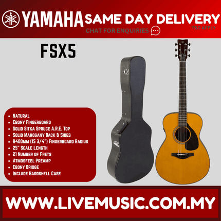 Natural acoustic-electric guitar with hard shell case, visible headstock and strings