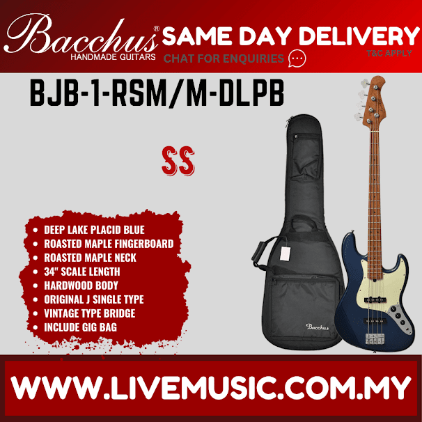 Bacchus BJB-1 RSM/M 4-String Electric Bass, Roasted Maple Fretboard - Deep Lake Placid Blue (BJB-1-RSM/BJB1)