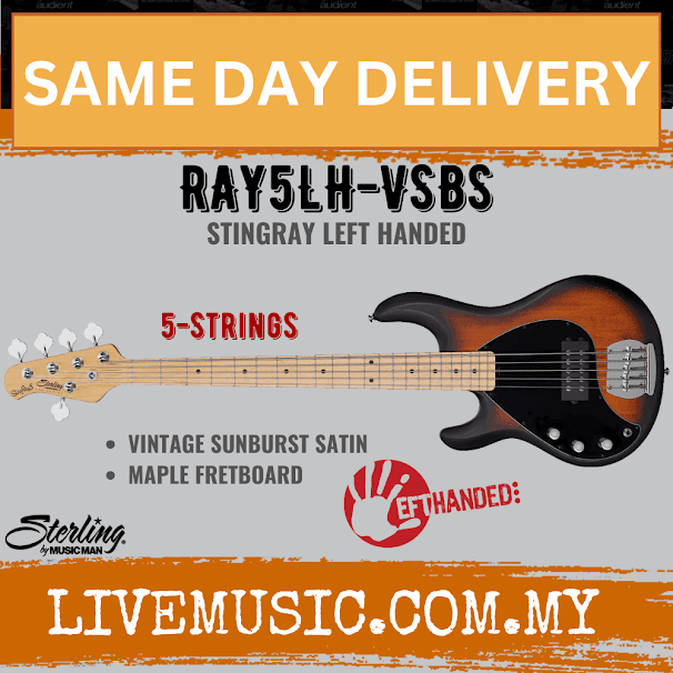 Sterling Ray5 Stingray 5-String Left-Handed Electric Bass Guitar Maple Fretboard - Vintage Sunburst (Ray-5)
