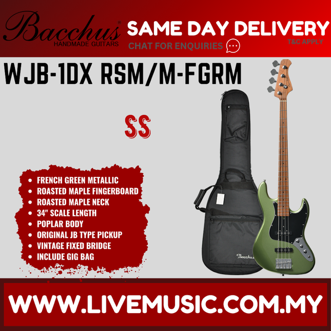 French green electric bass guitar with maple neck, includes soft gig bag