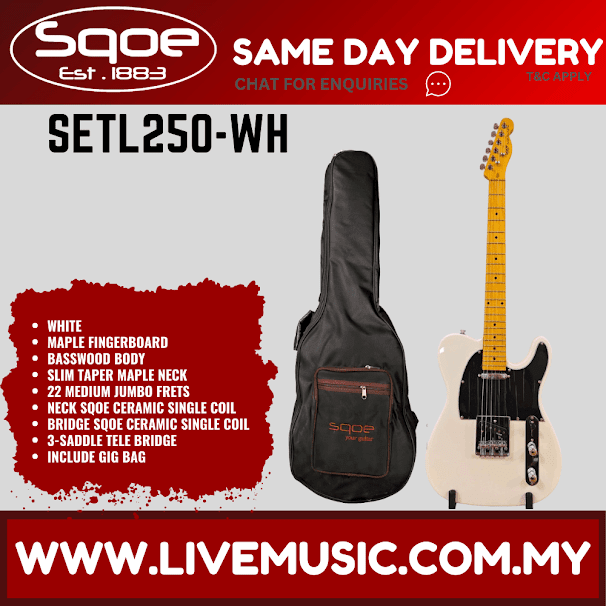 SQOE SETL250 Telecaster Electric Guitar w/Gig Bag, Maple FB - White ( SETL-250 / SETL 250 )