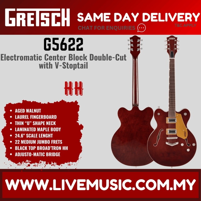 Gretsch G5622 Electromatic Center Block Double-Cut Electric Guitar, Laurel FB, Aged Walnut