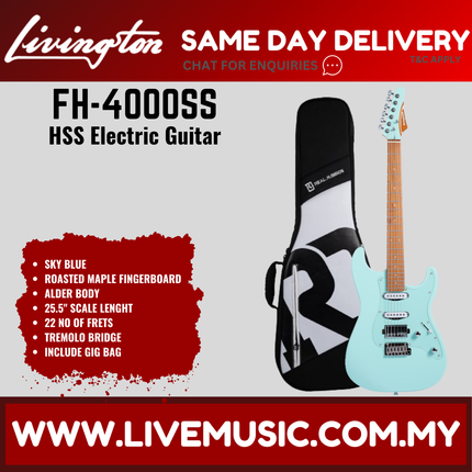 Livingston FH-4000 Stratocaster HSS Electric Guitar w/GA15II Amplifier, Roasted Maple Fretboard / Rosewood Fretboard  - Sky Blue ( FH4000 FH 4000 )