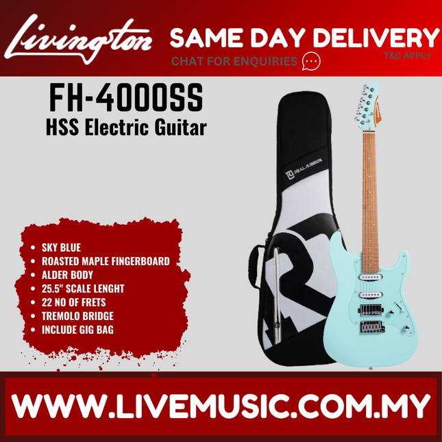 Livingston FH-4000 Stratocaster HSS Electric Guitar w/GA15II Amplifier, Roasted Maple Fretboard / Rosewood Fretboard  - Sky Blue ( FH4000 FH 4000 )