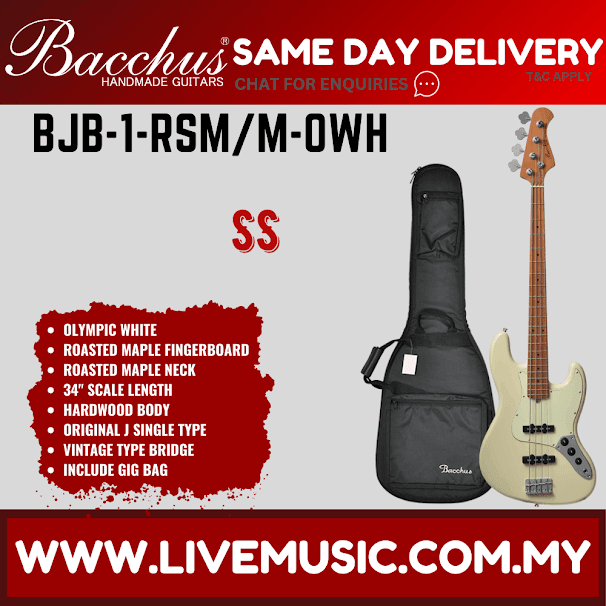 Bacchus BJB-1 RSM/M 4-String Electric Bass, Roasted Maple Fretboard - Olympic White (BJB-1-RSM/BJB1)