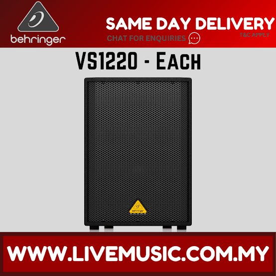 Single black passive speaker cabinet with perforated mesh grille and safety warning badge