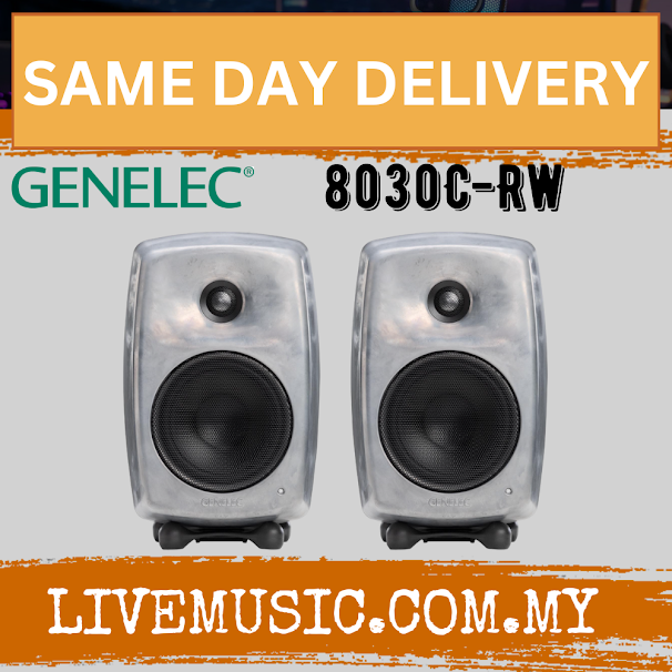 Pair of gray active studio monitor speakers with black woofers, front view