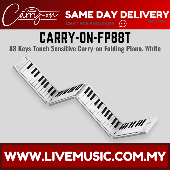 White 88-key touch sensitive portable folding piano with keys on an angled open frame