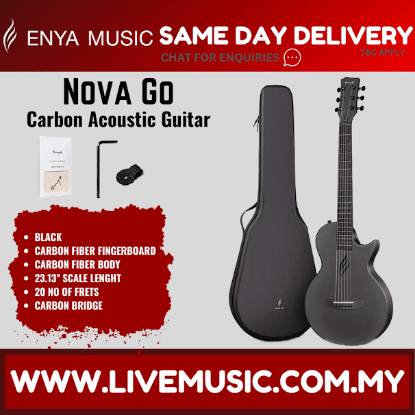 Black acoustic guitar with matching padded case and headstock detail