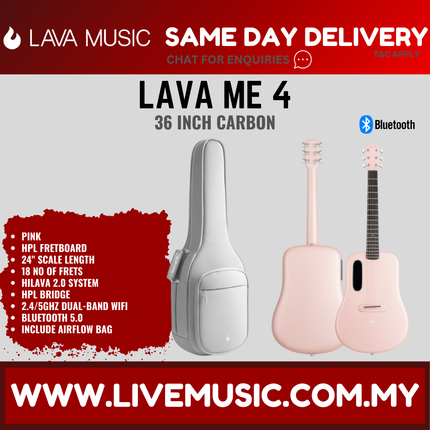 Lava Me 4 36" Carbon Fiber Smart Acoustic Electric Guitar With Touchscreen Effects And Airflow Bag-Pink